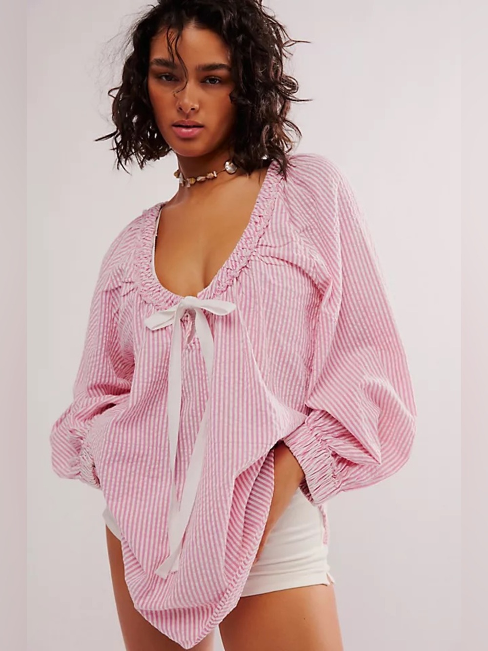 Free People Pink Stripe Seersucker Balloon Sleeve Tunic Top – Size S – NWOT